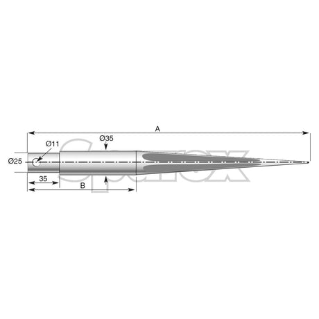 A technical drawing of the Loader Tine - Straight 860mm (Star), designed for pin fitting as DFM035 - S.77913 by Sparex, featuring shaft measurements of Ø25, Ø11, and Ø35 across various sections with labeled dimensions A and B indicating length.