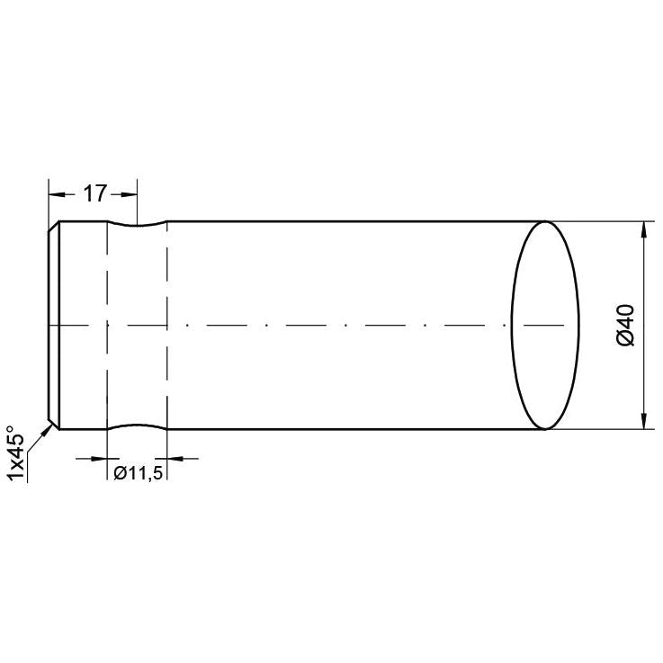 Technical drawing of the Loader Tine - Straight 1200mm (Star) by Sparex, featuring a cylindrical object with a 40mm diameter and variable lengths. The drawing includes detailed measurements and angles, showcasing a Pin Fitting at one end with a 1x45° angle and an 11.5mm diameter detail, designed to fit as model number 5500017 - S.77914.