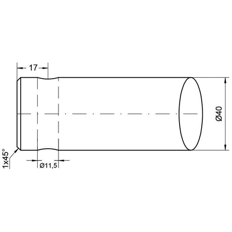 Technical drawing of the Loader Tine - Straight 1200mm (Star) by Sparex, featuring a cylindrical object with a 40mm diameter and variable lengths. The drawing includes detailed measurements and angles, showcasing a Pin Fitting at one end with a 1x45° angle and an 11.5mm diameter detail, designed to fit as model number 5500017 - S.77914.