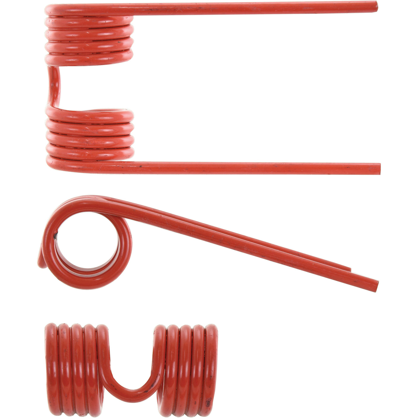 Three views of a red, coiled metal torsion spring with straight extended ends, designed for use as a Pick-Up Tine in Kemper, Krone, and Strautmann machinery. Outer Ø 5.5mm for precise fitting. Product dimensions include Length: 142mm and Width: 75mm. Replacement part number is 9381580 (Sparex Part No.S.77923).