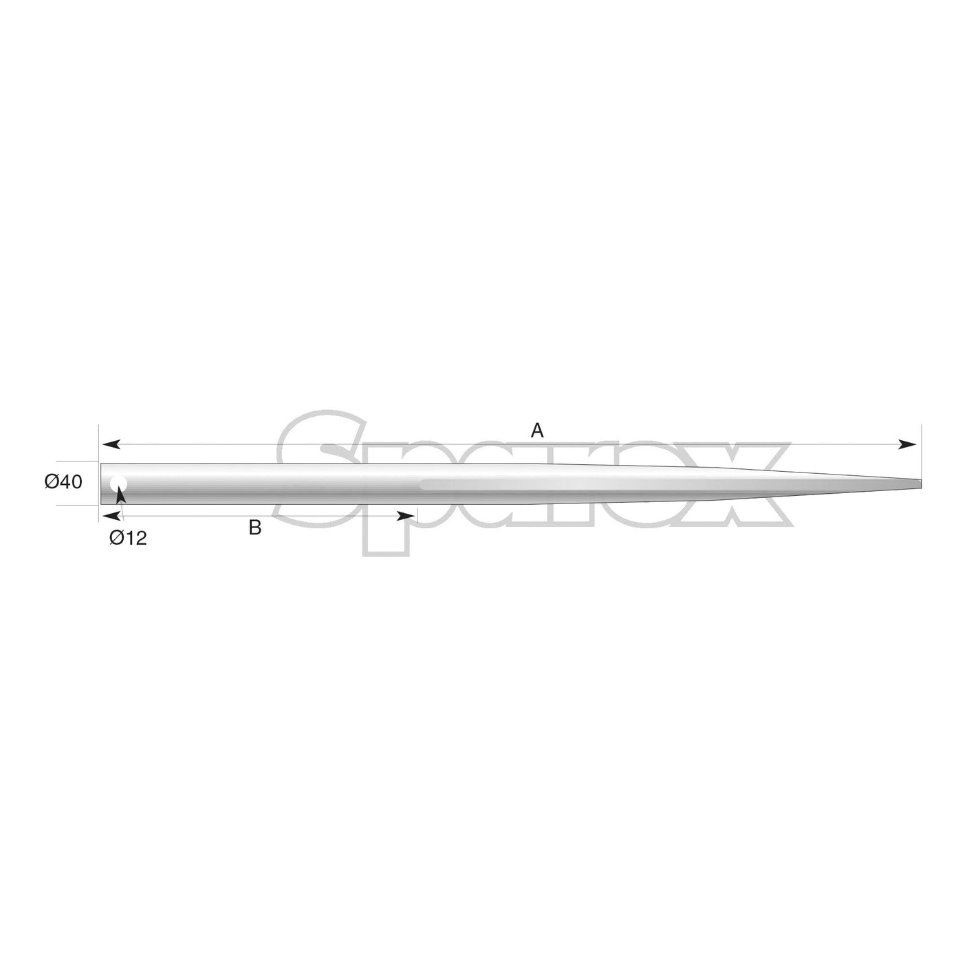 Technical drawing of a cylindrical object with dimensions. The diameter decreases from Ø40 on the left to Ø12 on the right. Labeled sections A and B denote specific segments of the Loader Tine - Straight 1100mm, (Star) - S.77924 by Sparex, suitable for pin fitting applications.