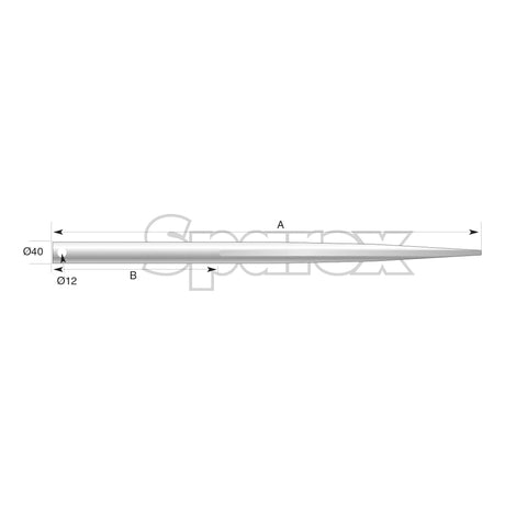 Technical drawing of a cylindrical object with dimensions. The diameter decreases from Ø40 on the left to Ø12 on the right. Labeled sections A and B denote specific segments of the Loader Tine - Straight 1100mm, (Star) - S.77924 by Sparex, suitable for pin fitting applications.