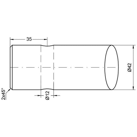 Technical drawing of the Sparex Loader Tine - Straight 1100mm, (Star) - S.77924, featuring a cylindrical section with a diameter of 42mm and a length of 35mm, along with an additional smaller section for pin fitting that has a diameter of 12mm. The design includes two 45-degree angles.