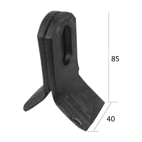 The Sparex Y type flail, designed with a length of 85 mm and a width of 40 mm, features a black metal bracket with a rectangular base, an angled vertical extension, and a slotted hole measuring 32x16 mm in diameter. With its considerable thickness of 6 mm, this durable replacement part is fully compatible with Bomford equipment (to fit as: 0281201) and ensures the reliability you need for your machinery.