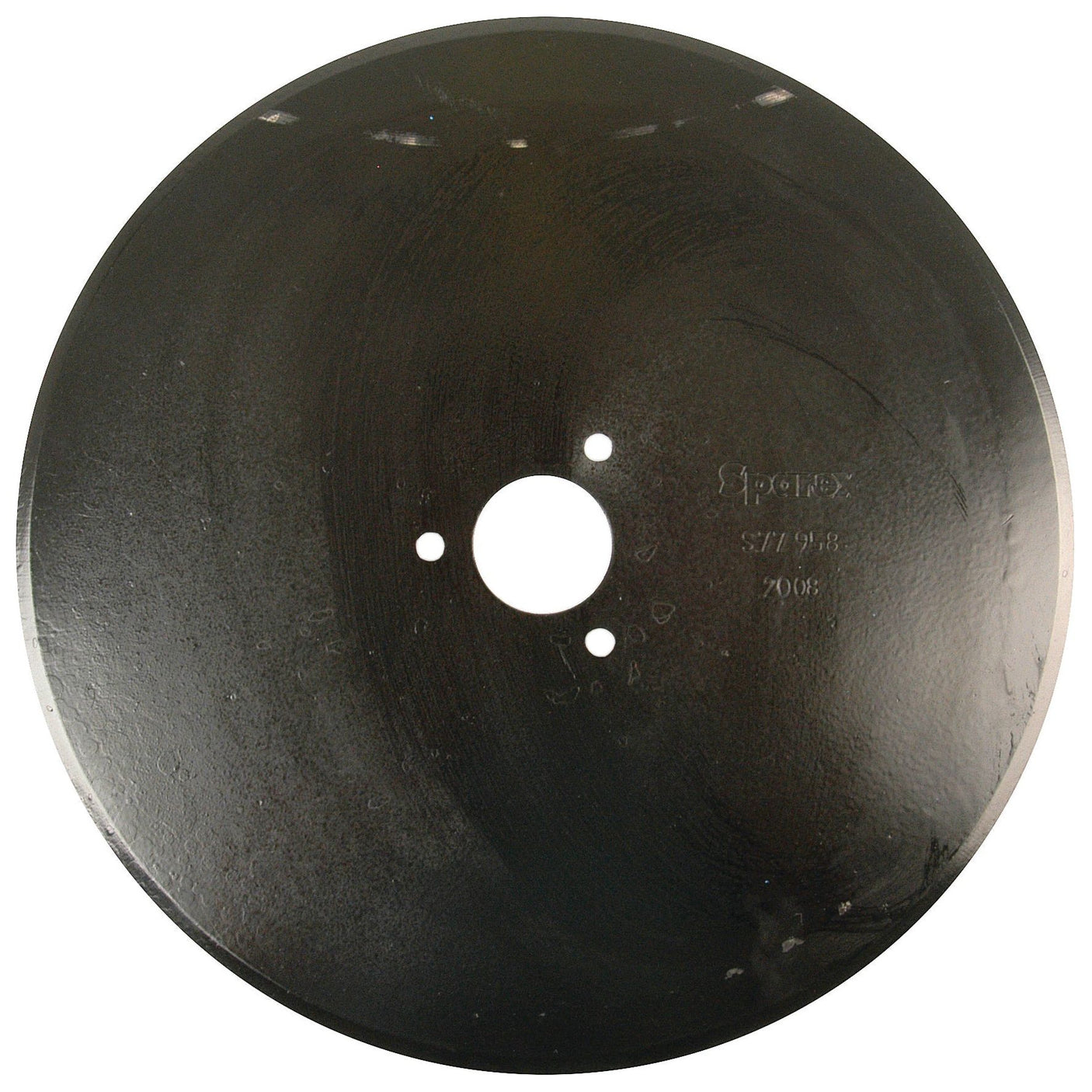 The Coulter disc 16'' by Sparex (Part No. S.77958) is a black metal disc designed for Ransome machinery, featuring a central hole and three smaller surrounding holes for fasteners or rivets. These fit as PSF0300U.