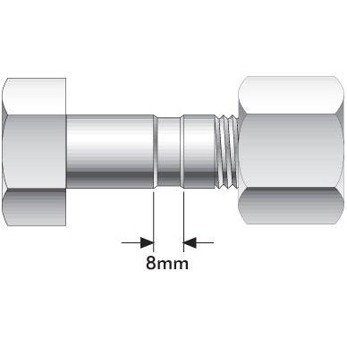 A diagram of the Sparex Shear Bolt - M20 x 63mm Grade, designed for compatibility with Kverneland equipment as part number KK035060R, featuring measurements indicating an 8 mm gap in the middle.