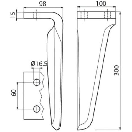 Technical drawing of a bracket showing side views and front installation measurements for a Sparex Power Harrow Blade 100x15x300mm RH, replacement for Breviglieri. Dimensions include a height of 300 mm, hole centers at 60 mm, and various distances ranging from 15 mm to 100 mm.