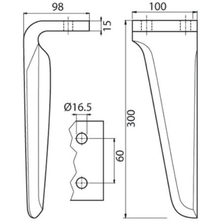 Technical drawing of the Sparex Power Harrow Blade 100x15x300mm LH with side, front, and top views. Dimensions are 300 mm in height, 100 mm in width, and 98 mm in depth, with two holes of 16.5 mm diameter spaced 60 mm apart. Suitable for use as a replacement for Breviglieri models within the Maschio VARIOUS Power Harrow Blade series (Sparex Part No.S.77964).