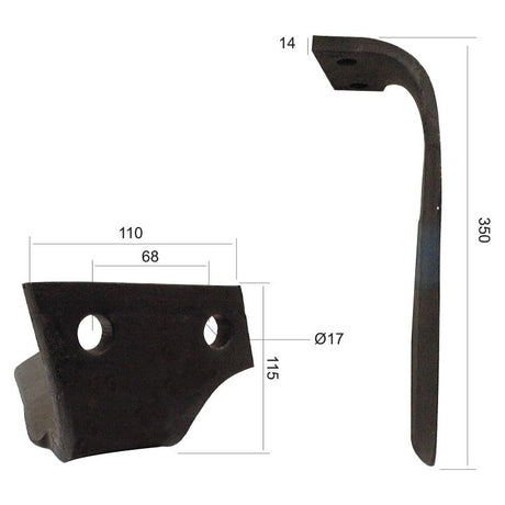 Two metal parts shown with detailed measurements: one curved and one flat with slots. The Sparex Power Harrow Blade, a replacement for Kuhn, is 350mm tall, 14mm thick, and has hole centers of 68mm with a hole diameter of 17mm.