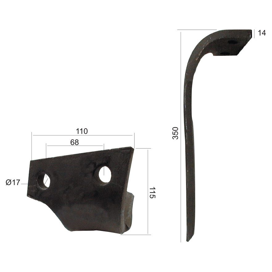 A metal component with two differently angled views, highlighting dimensions such as heights and widths, featuring 17 mm diameter holes and various lengths. Ideal as a replacement for the Kuhn Power Harrow Blade (110x14x350mm), specifically the Sparex Power Harrow Blade 110x14x350mm LH, with 68mm hole centres.