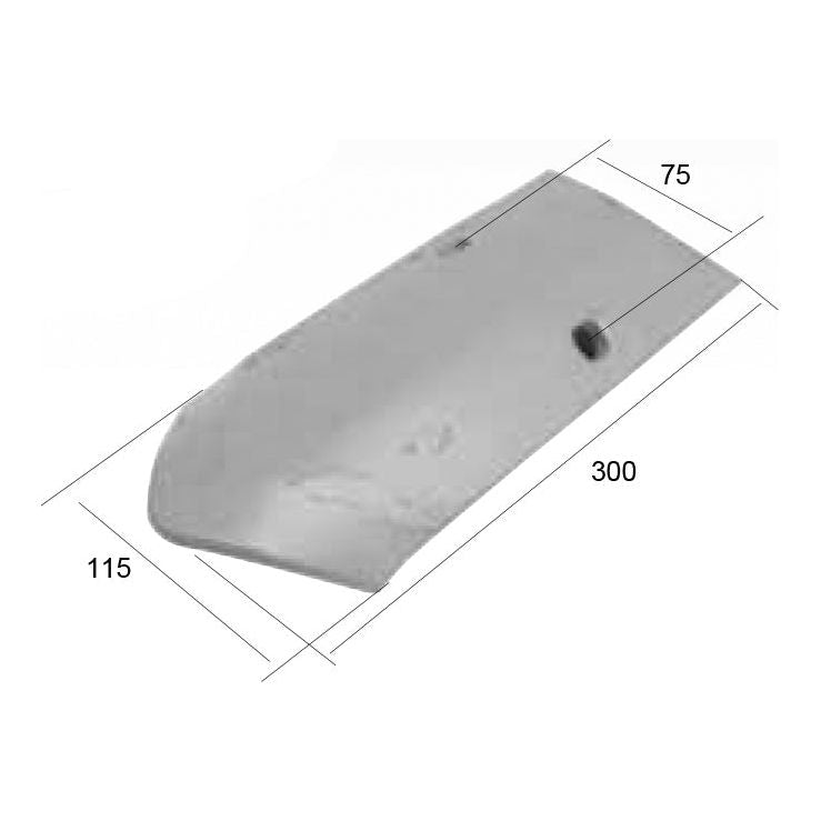 A Ridger Point (Dowdeswell) metal plate from Sparex, measuring 75 mm by 115 mm by 300 mm with a slightly curved rectangular shape, is commonly used with Dowdeswell VARIOUS components. Available as part number S.77987 to fit model 801276.