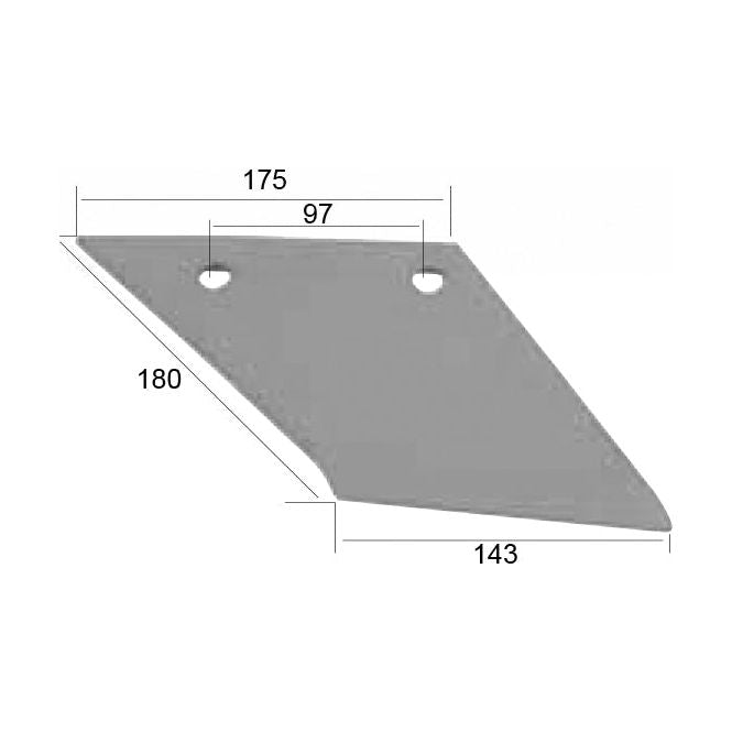 A gray, flat, irregularly shaped metal piece with two holes, labeled with measurements: 175, 97, 180, and 143 units. This component is the Wing - LH (Dowdeswell) To fit as 801278 and has the Sparex Part No. S.77989 by Sparex.