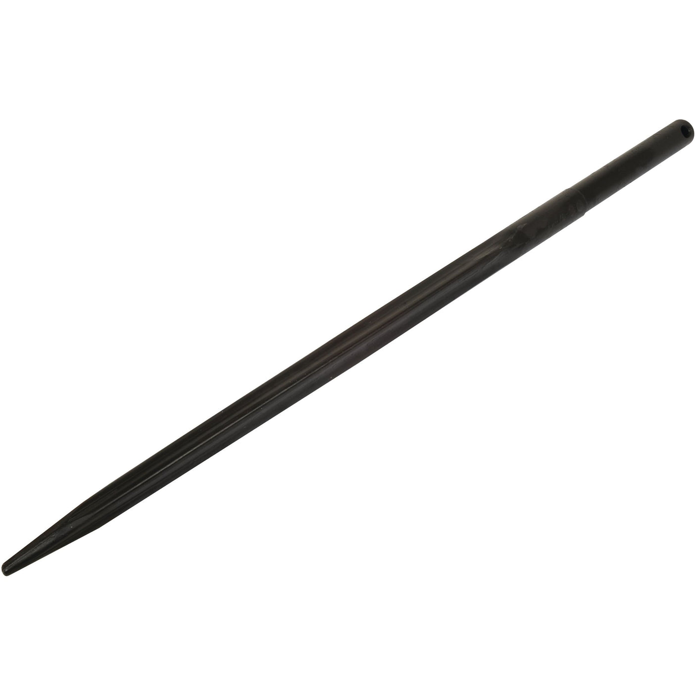 A black, slender Loader Tine - Straight 1000mm from Sparex with a pointed metal rod featuring a tapered end and a small hole near the opposite end, designed for precise pin fitting. This product fits as: 197719 - S.78037.