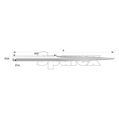 Technical drawing of a Loader Tine - Straight 1000mm from Sparex (Star) model S.78037. The tine measures 560 mm in length, with a maximum diameter of 38 mm at one end and tapers to 16 mm at the other end.