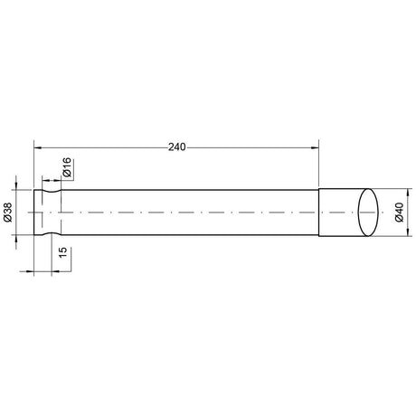 A technical diagram illustrating a cylindrical Loader Tine - Straight 1000mm by Sparex, featuring a length of 240 mm and a diameter of 40 mm. The ends include detailed measurements, with Pin Fitting for sections of 16 mm diameter and a segment measuring 15 mm. The product fits as: 197719 - S.78037.