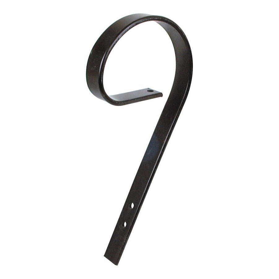 A black metal hook with a curled top and two screw holes on the straight part, ideal for Vaderstad equipment as a complete tine replacement; known as the Complete Tine Replacement for Vaderstad, fitting part 201787 and Sparex Part No. S.78039.