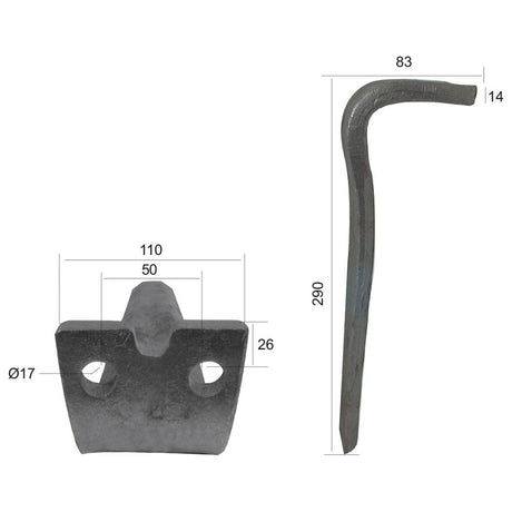 Image showing a metal hardware piece with dimensions. Left view: 110 mm wide, 50 mm middle width, 26 mm high, 17 mm hole diameter. Right view: 290 mm tall, 83 mm bend length, and 14 mm thickness. Ideal as a Sparex Power Harrow Blade with parts number S.78044 or RLM58001, replacement for Forgio and Rekord models.