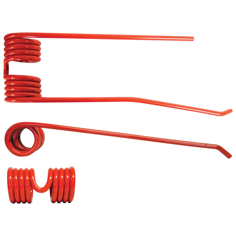 Four red coil springs of varying shapes and sizes are arranged on a white background, reminiscent of the precision engineering found in the Sparex Tedder haytine LH, a replacement part for Lely, measuring 368mm in length, 111mm in width, and Ø9mm (Sparex Part No.S.78056).