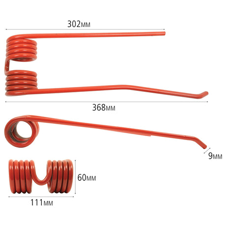 A red metal coil designed by Sparex with the following measurements: length 368mm, width 111mm, and a diameter of 9mm. This Tedder haytine - LH replaces Lely part number 73130 (Sparex Part No.S.78056) and features multiple bends and loops in its design.