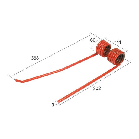 Image of a red coiled metal spring with two extensions, accompanied by dimensions: Length 368mm, Width 111mm, Ø9mm. This is the Tedder haytine - RH, compatible as Lely replacement part number 73135 and Sparex part number S.78057 from the Sparex brand.