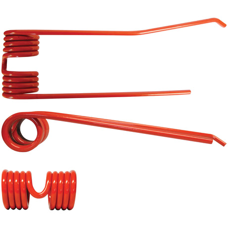 Three Tedder haytine torsion springs from Sparex, each featuring a right-hand orientation, are shown against a white background. The springs vary in length (368mm), width (111mm), and outer diameter (9mm), highlighting their diverse specifications as replacement parts for Lely model 73135 (Sparex Part No. S.78057).