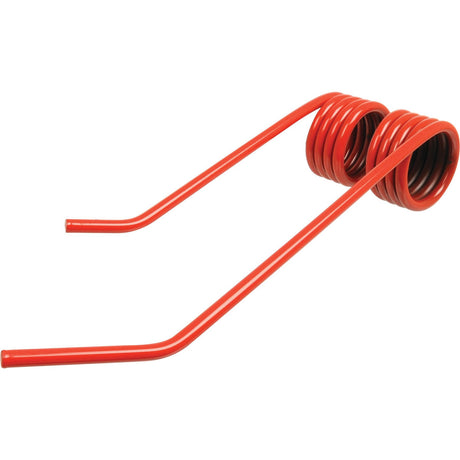 Image of a red, double-coiled metal spring with two straight extended ends, identified as the Tedder haytine - RH (360mm length, 105mm width, Ø9mm) from Sparex, replacement for JF model 14330200 (Sparex Part No. S.78062).