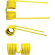 Three views of a yellow Pick-Up Tine: top view showing a spiral, side view revealing concentric loops with extending ends, and front view displaying U-shaped loops. Inspired by Grange & Walter's design aesthetics, this Pick-Up Tine evokes the robust functionality of John Deere CC25176 models and is available under Sparex Part No. S.78065 as a high-quality replacement part.