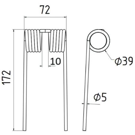 Technical drawing of a Sparex Pick-Up Tine. The tine is 172mm long, 72mm wide, with a wire thickness of Ø5mm. The circular coils have an outer diameter of 39mm and it serves as a replacement for John Deere CC25176, Sparex Part No. S.78065.