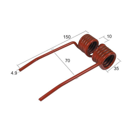 Sparex's Pick-Up Tine is a red metal double torsion spring with a length of 150mm, width of 70mm, wire diameter of 4.9mm, and suitable for JF applications under part number S.78066.