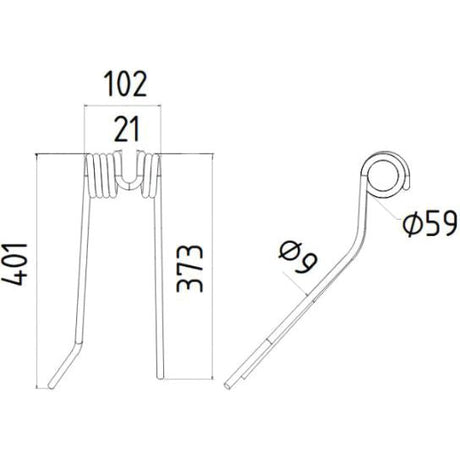 Technical drawing of the Tedder haytine (Right Hand) component manufactured by Sparex. The haytine has an overall length of 401mm, a width of 102mm, and a coil width diameter of 21mm. It features a Grange & Walter Fitting with a 59mm diameter loop and is designed as a replacement for Deutz-Fahr part number 06580648, corresponding to Sparex Part No.S.78069.