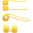 Three yellow Pick-Up Tines with coiled bodies and straight arms, viewed from different angles: top, side, and bottom, showcasing their 5mm dimensions. These tines are 191mm long and 71mm wide. They serve as replacements for New Holland equipment under Sparex Part No.S.78073.