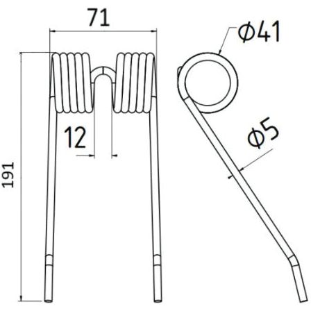 Technical drawing of a Pick-Up Tine with dimensions: length 191 mm, width 71 mm, coil diameter (outer Ø) 41 mm, and rod diameter 5 mm. This is a replacement part for New Holland under Sparex Part No. S.78073 by the brand name Sparex.