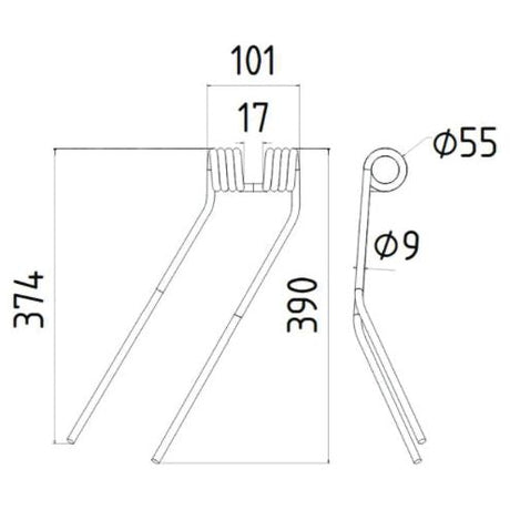 Tedder haytine - LH -  Length:374mm, Width:101mm,⌀9mm - Replacement for Deutz-Fahr
 - S.78074 - Farming Parts