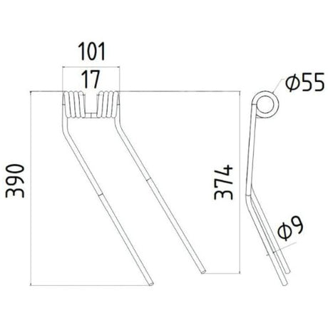 Tedder haytine - RH -  Length:374mm, Width:101mm,⌀9mm - Replacement for Deutz-Fahr
 - S.78075 - Farming Parts