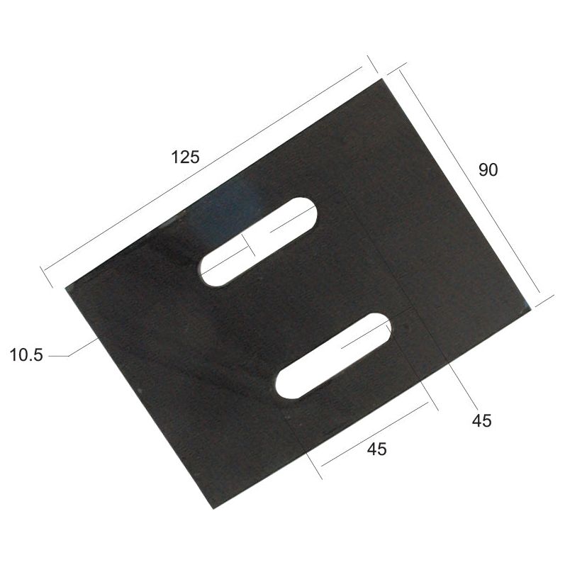 A black rectangular metal plate, identified as the Scraper Plate 125x90x3mm by Sparex (Sparex Part No. S.78076), is shown at an angle. The plate features two oval cutouts, each measuring 45 mm in length and spaced 10.5 mm apart from their centers. The overall dimensions of the plate are marked as 125 mm in length and 90 mm in width.