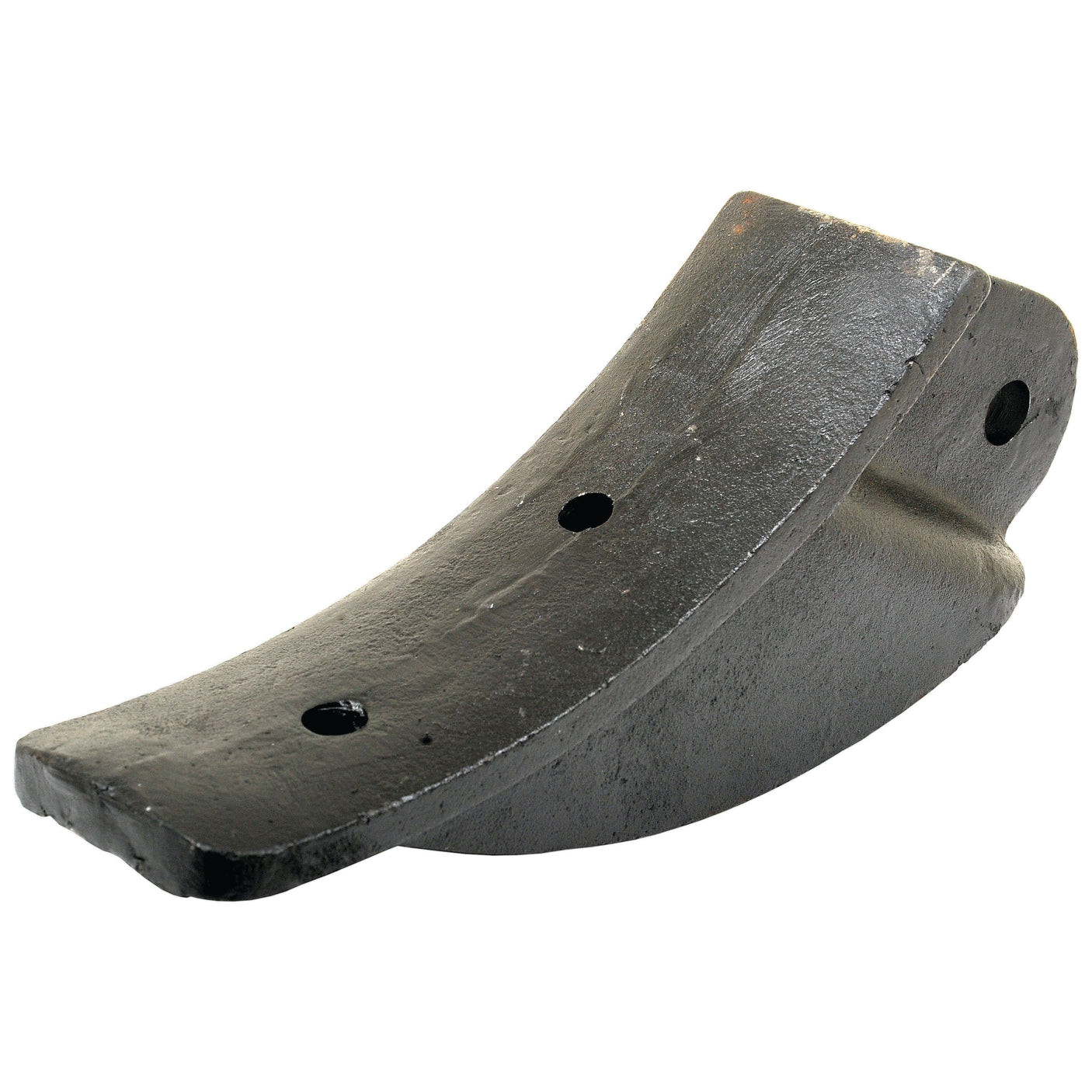 A black metal part with two holes, featuring a curved shape and a slightly rough texture, perfect as the Superflow Cast Shoe Replacement for Bomford machinery (Sparex Part No. S.78079 | To fit as: 0044202) from Sparex.