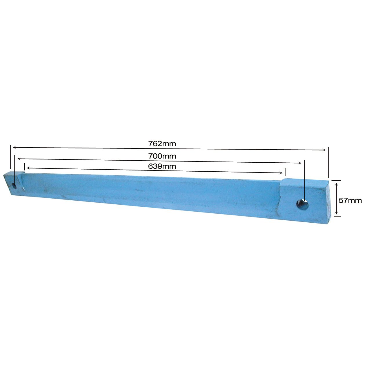 Introducing the Sparex Cutter Bar 30'' (PYY2106), a blue metal cutter bar with visible dimensions of 762mm in length, 700mm distance between mounting holes, an internal length of 639mm, and a width of 57mm. Available under Sparex Part No. S.78086.