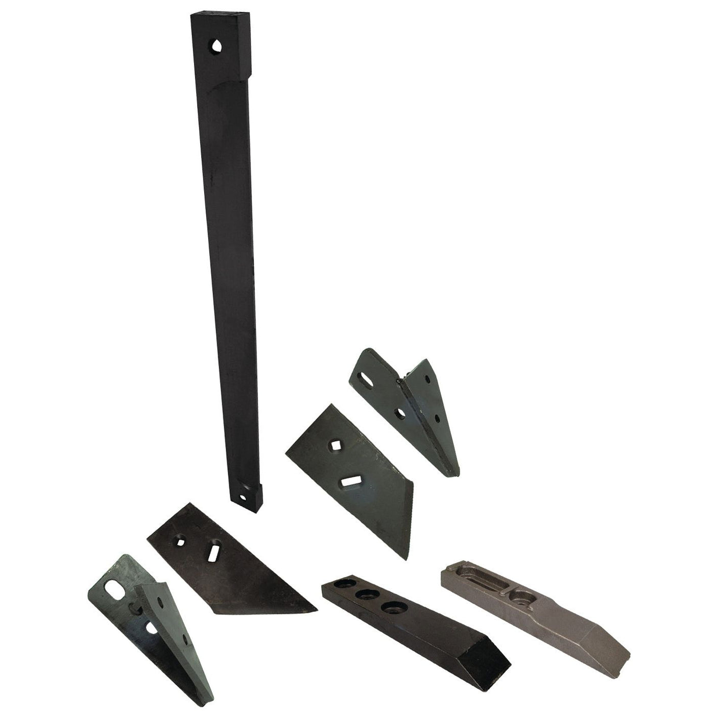 Various black and gray metallic machine parts of different shapes and sizes, including a Cutter Bar 30" PYY2106 (Sparex Part No. S.78086) from Sparex, arranged on a white background.