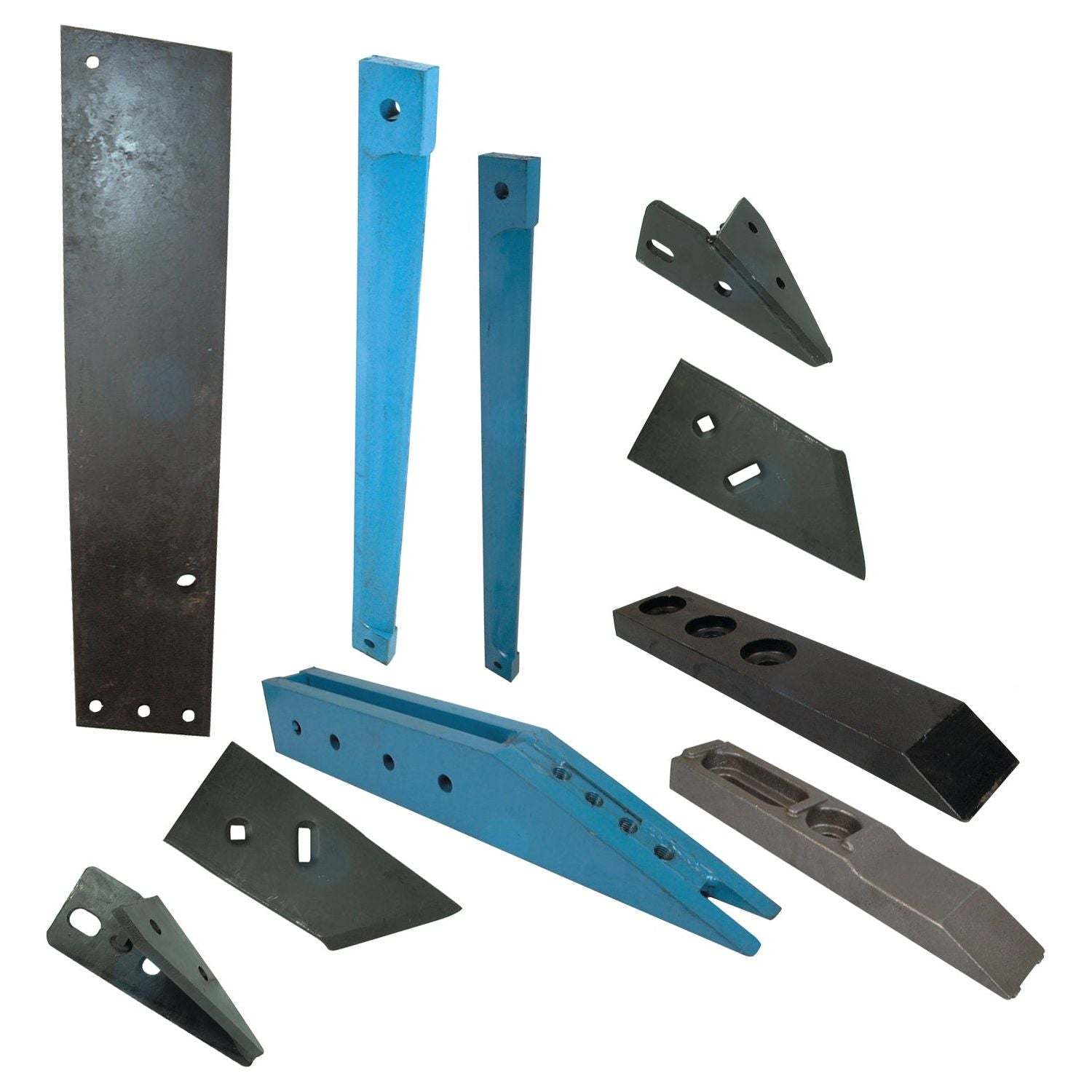 Assorted black and blue metal components, including blades, brackets, and a Sparex Subsoil Point (PASC291 | Sparex Part No.S.78088), arranged on a white background.