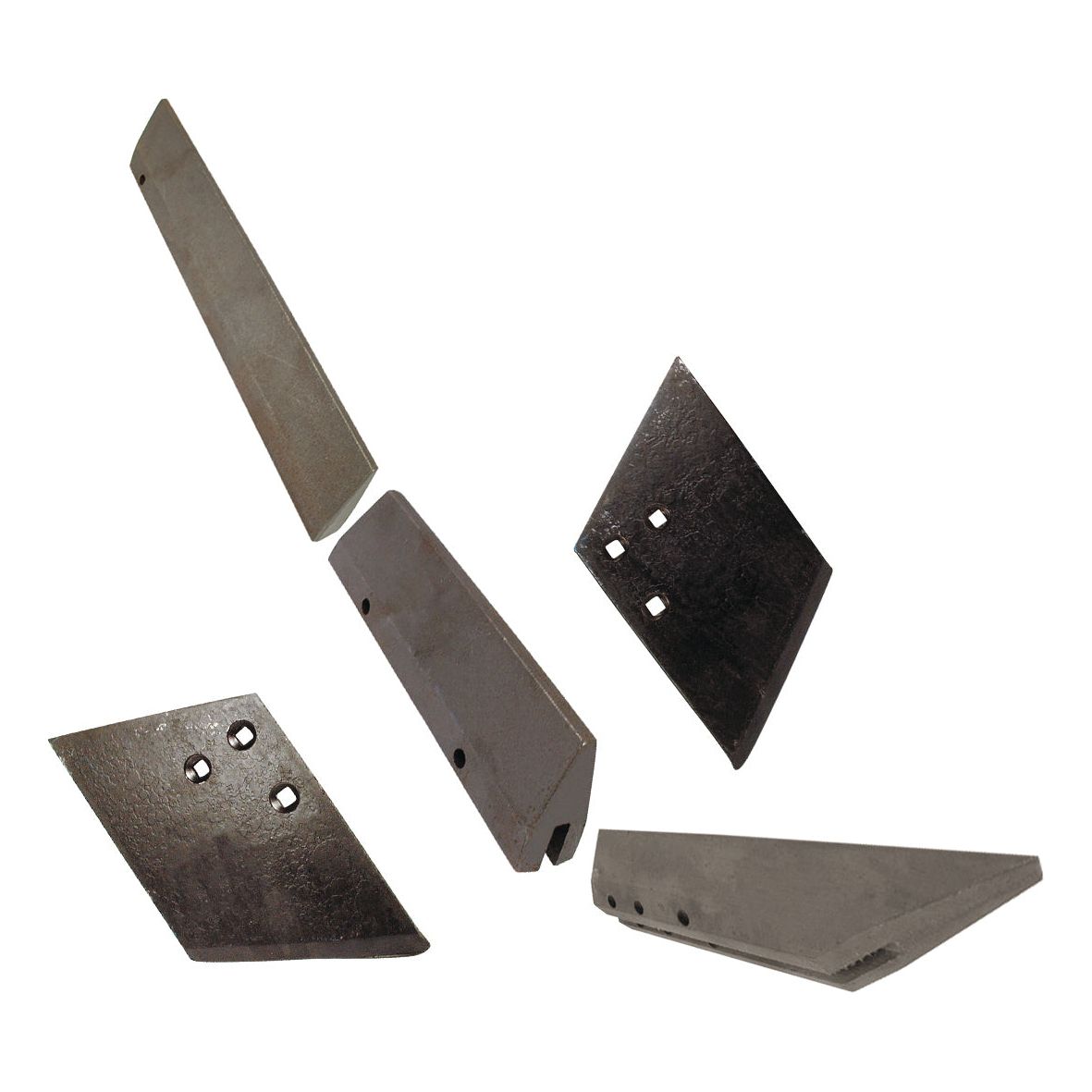 A collection of five metal cutting blades with varying shapes and holes, including a Wing 6'' 3 hole RH blade (Sparex Part No.S.78090), arranged randomly against a white background.