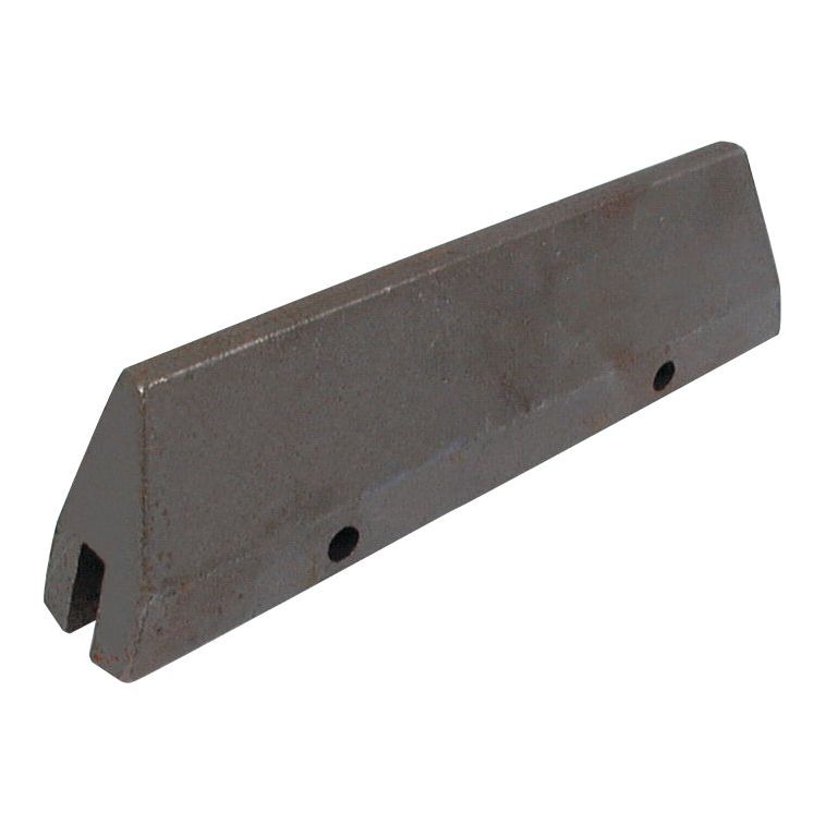 A rusted, wedge-shaped metal block with two circular holes and a slot on one end, possibly used as a Lower Shin replacement for Taylor Gent FLATLIFT systems. It fits as G1411P00B with Sparex Part No. S.78092.