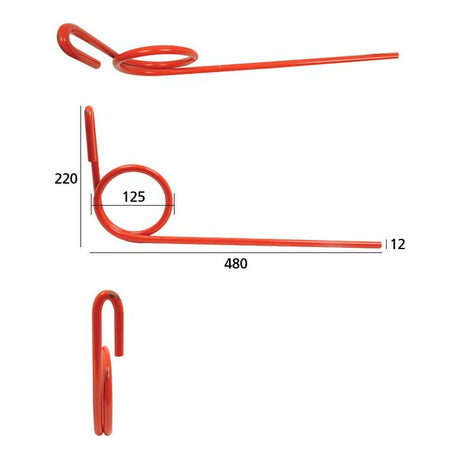 Three different views of a red metal Seeder Tine from Sparex (product number S.78094) with detailed dimensions are shown. The top and side views illustrate a coiled section, with total lengths specified as 125mm, 220mm, 480mm, and an outer diameter of Ø12mm at various parts—perfect for replacement purposes in Vaderstad seeders under the fitting code 400975.