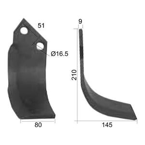 Rotavator Blade Curved RH 80x9mm Height: 210mm. Hole centres: 51mm. Hole⌀: 16.5mm. Replacement for Dowdeswell, Howard
 - S.78096 - Farming Parts
