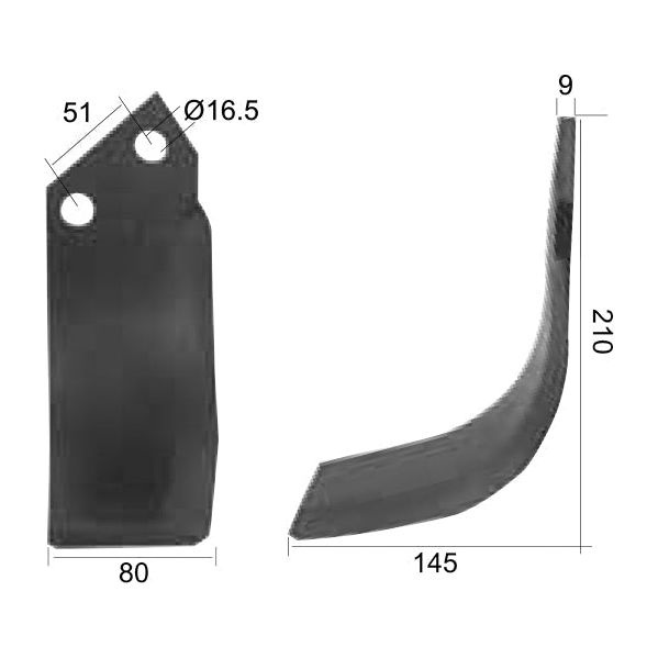 Rotavator Blade Curved LH 80x9mm Height: 210mm. Hole centres: 51mm. Hole⌀: 16.5mm. Replacement for Dowdeswell
 - S.78097 - Farming Parts