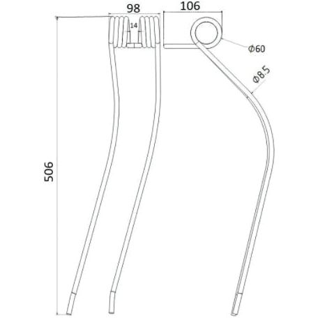 Technical diagram showing dimensions of a Swather/Tedder Tine component with various labeled measurements, including a length of 506mm, width of 98mm, and diameter of Ø8.5mm. Primary OE reference 57701700 included for compatibility verification as a replacement for Kuhn. Sparex Part No.S.78113.