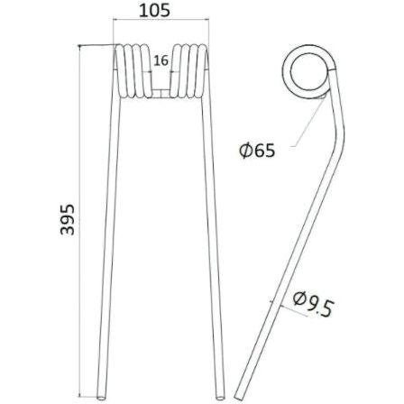 Technical drawing of a Sparex Swather/Tedder Tine metal component with dimensions: height 395mm, width 105mm, coil diameter 65mm, wire diameter 9.5mm, and coil wire diameter 16mm. Also includes OE Reference 58505214 for further specification details.