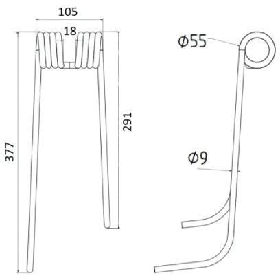 Technical drawing of a Tedder haytine - RH with a coil at one end, specifically designed for integration with the Lely GEMINI300. Dimensions are 377mm height, 291mm length, and 105mm width, with specific points marked 18mm, Outer Ø: 55mm diameter and Primary OE Reference: Ø9mm diameter (Replacement for Lely To fit as: 41003208L | Sparex Part No. S.78117).