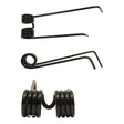 Three black torsion springs of varying shapes and sizes are shown, each with different coil configurations and arm lengths. Notably, these springs include the Tedder haytine – LH from Sparex, which has a length of 377mm, width of 105mm, and Ø9mm. This spring is specifically designed as a replacement for Lely models such as the GEMINI300 series, serving as the Primary OE Reference 41003208R in various applications (Sparex Part No.S.78118).