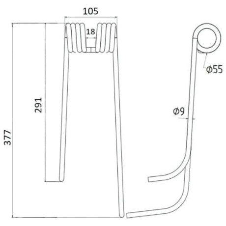 Technical diagram of a mechanical component with dimensions labeled: 377mm height, 105mm width, Ø9mm for the specified part. This Tedder haytine - LH model is a replacement for Lely reference number 41003208R and aligns with the Lely GEMINI300 series as a primary OE reference. Part is available from Sparex under Sparex Part No.S.78118.