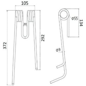 Tedder haytine - LH -  Length:372mm, Width:105mm,⌀9mm - Replacement for Lely
 - S.78120 - Farming Parts